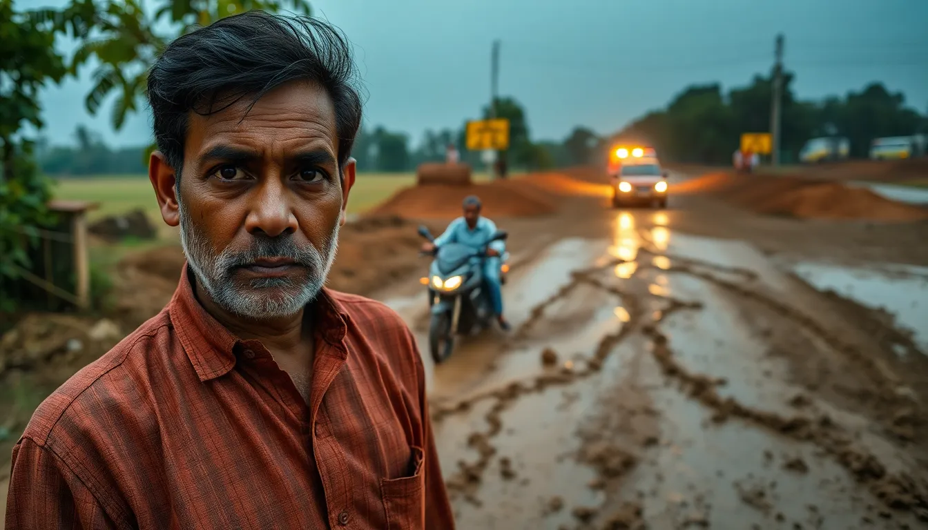 Heavy Rain Disrupts Road Work in Naswadi, Gujarat