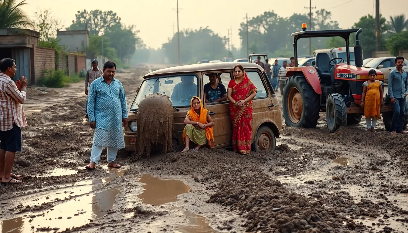 Family Stranded Due to Poor Road Conditions in Nadiad